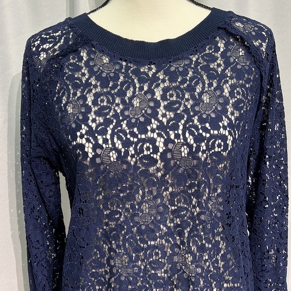 MASSINI Sheer Lace Crew Neck Navy Blue Blouse with Ruffle - Size Small - Picture 3 of 8
